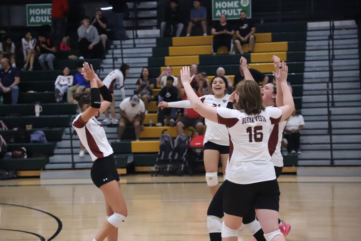 The Bison celebrate the game point at the end of the fourth set.
